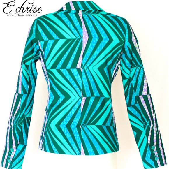NWT Geometric African Print Blazer/Jacket - B9300 Green/Teal - Picture 3 of 4